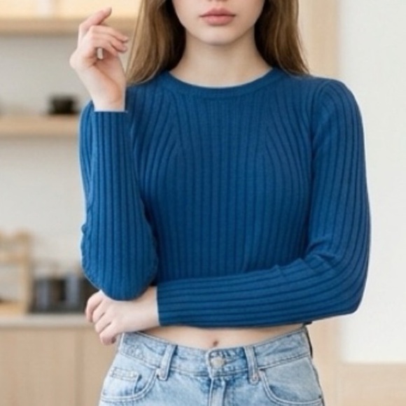 Babaton Sweaters - 💥 Babaton Wool Blend Ribbed Longsleeve Crop Sweater – Deep Teal / Petrol Blue